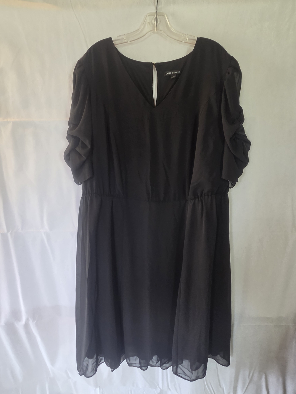Lane Bryant Black V-Neck Midi Dress with Ruched Sleeves